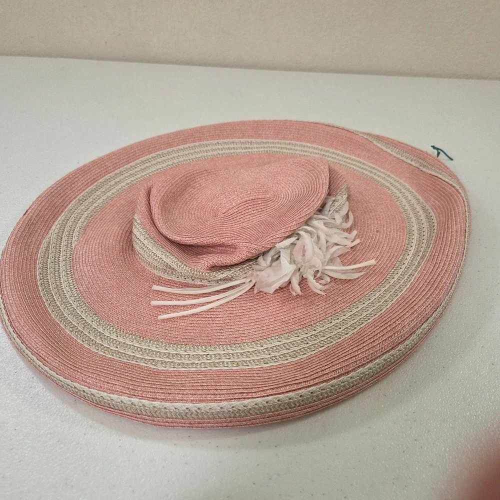 Ferruccio Vecchi Italy Pink Paper Straw Wide Brim Sun Hat Feather Accent Striped